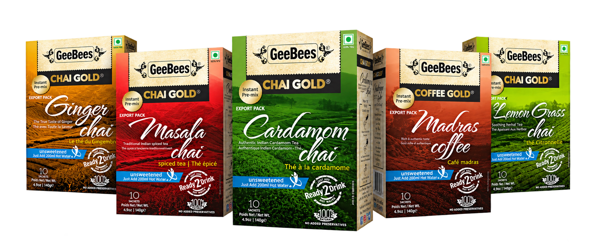 GeeBees Chai Gold and Coffee Gold boxes